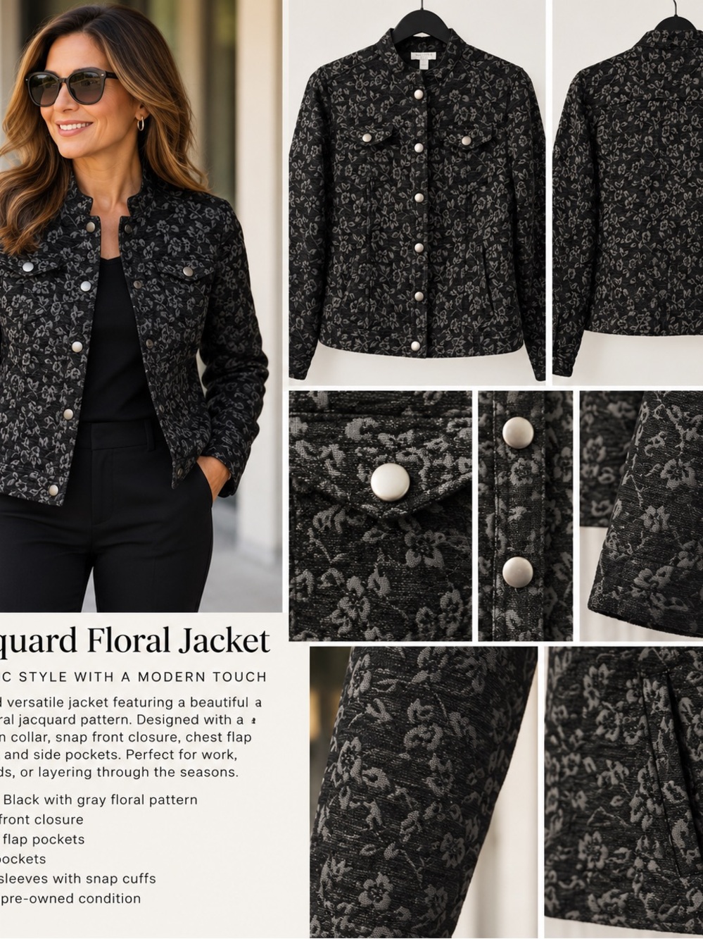 CHARTER CLUP PETITE BLACK & Gray Floral Jacquard Snap Front Jacket